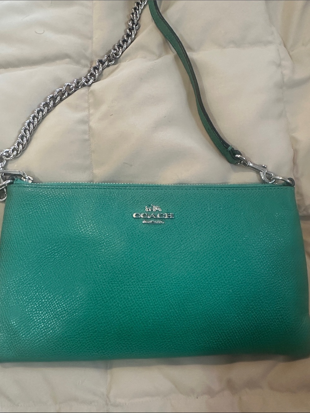 Coach Teal Green Pebbled Leather Crossbody with Silver Chain